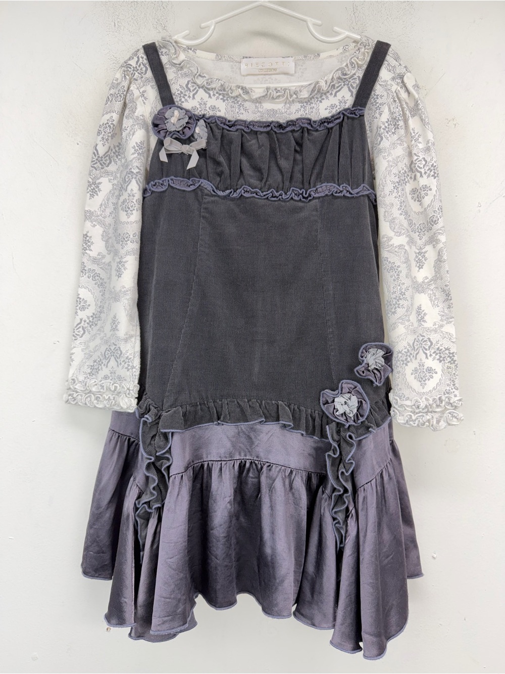 Biscotti size 5 Girls Gray Lavender Corduroy Satin Ruffle Shirt & Jumper Dress